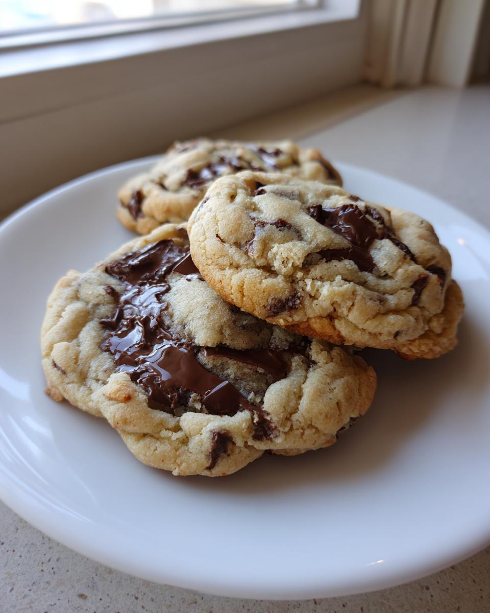 Three freshly baked Soft chewy chocolate chip cookies piled on a white plate with gooey, melted chocolate centers.