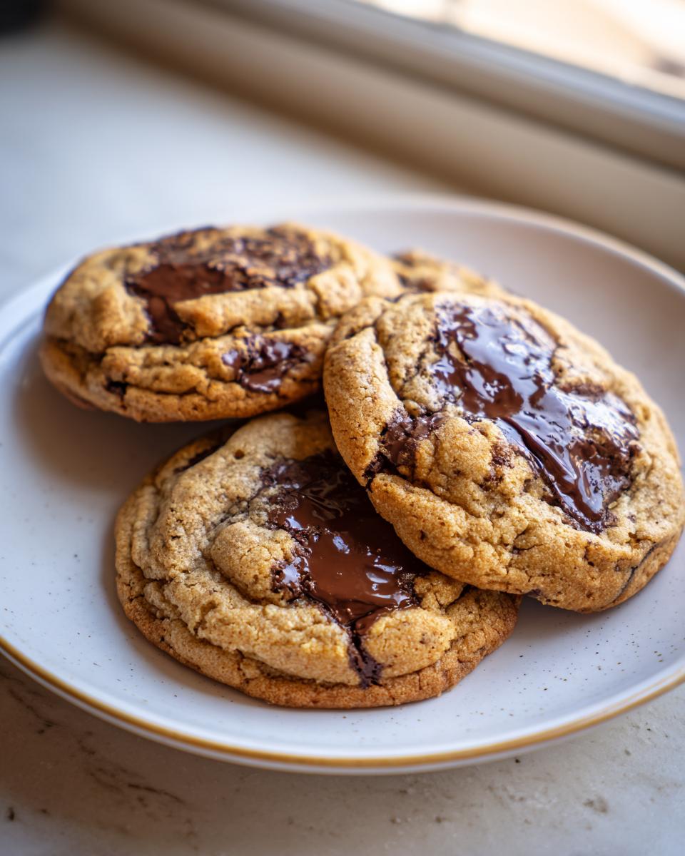 Close-up of three freshly baked Soft chewy chocolate chip cookies piled on a light speckled plate with pools of melted chocolate.