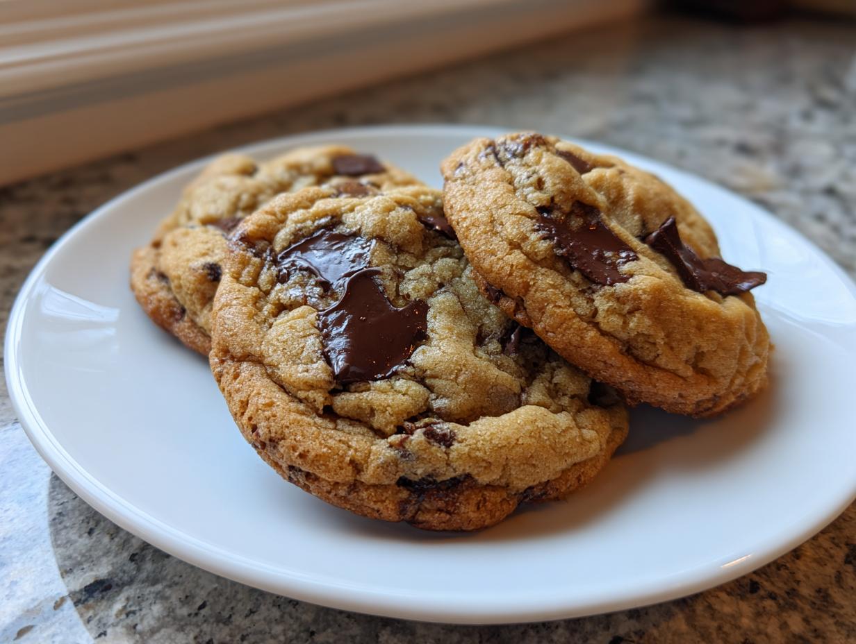Three perfectly baked soft chewy chocolate chip cookies with melted chocolate chunks resting on a white plate.