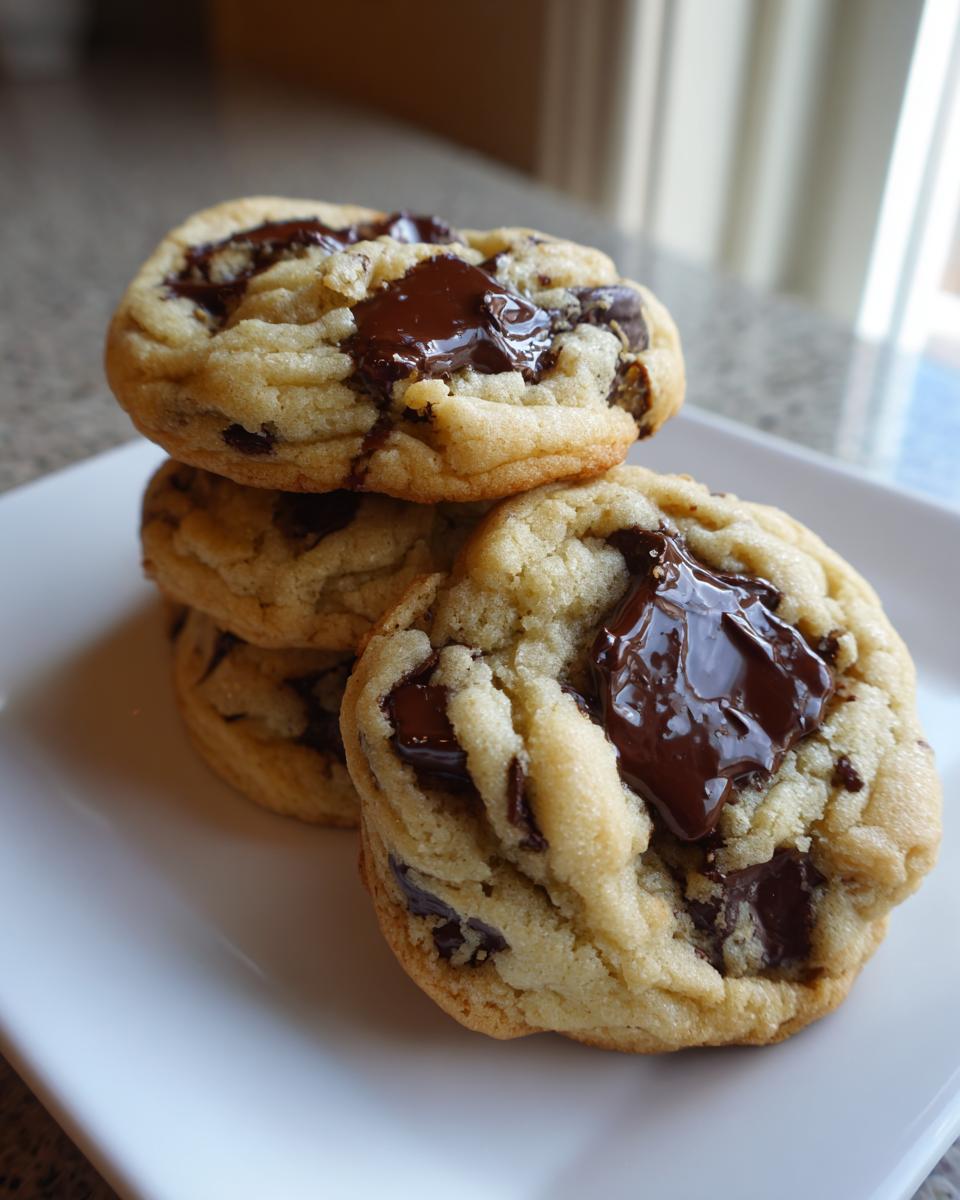 A stack of four soft chewy chocolate chip cookies piled on a white plate, featuring gooey, melted chocolate chunks.