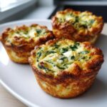 Three golden-brown Spinach and feta mini quiches with visible spinach and feta cheese on a white plate.