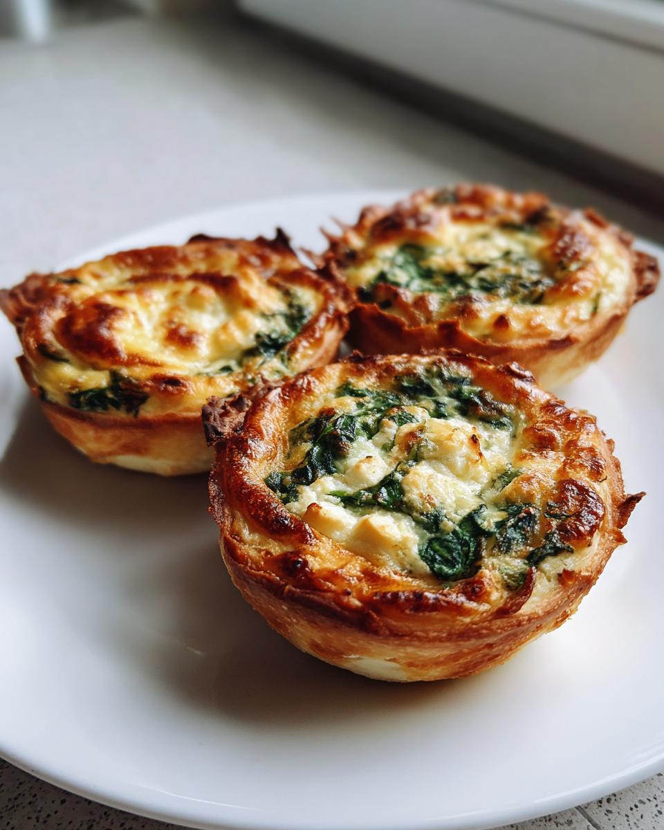 Three golden-brown Spinach and feta mini quiches with visible spinach and melted cheese topping on a white plate.
