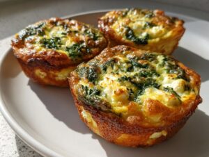 Three golden-brown Spinach and feta mini quiches with visible spinach and feta cheese chunks, resting on a light gray plate.