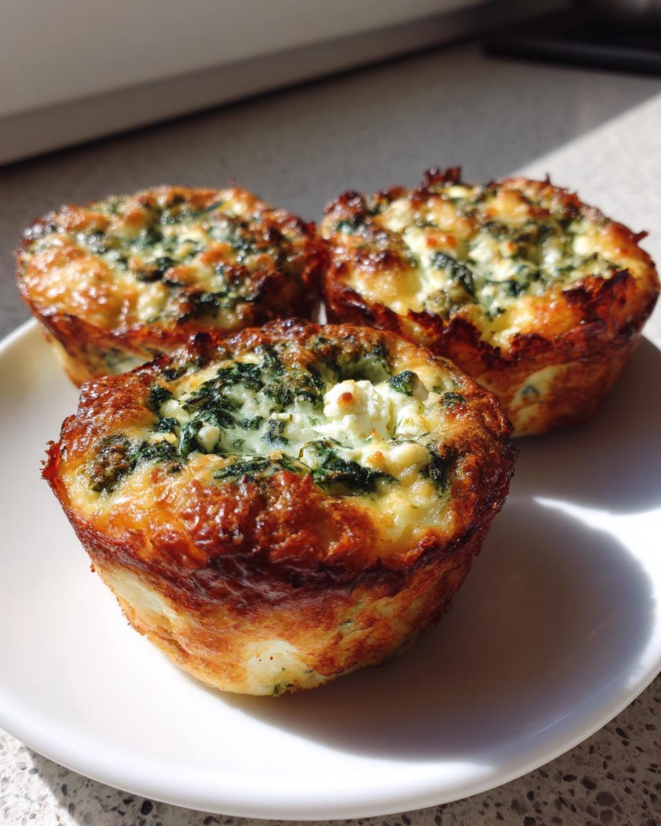 Three golden-brown Spinach and feta mini quiches with visible spinach and feta cheese topping, resting on a white plate.