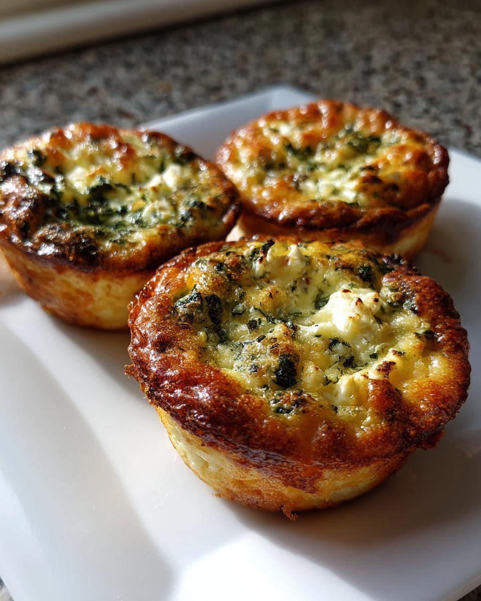 Three perfectly baked spinach and feta mini quiches with golden brown edges on a white plate.