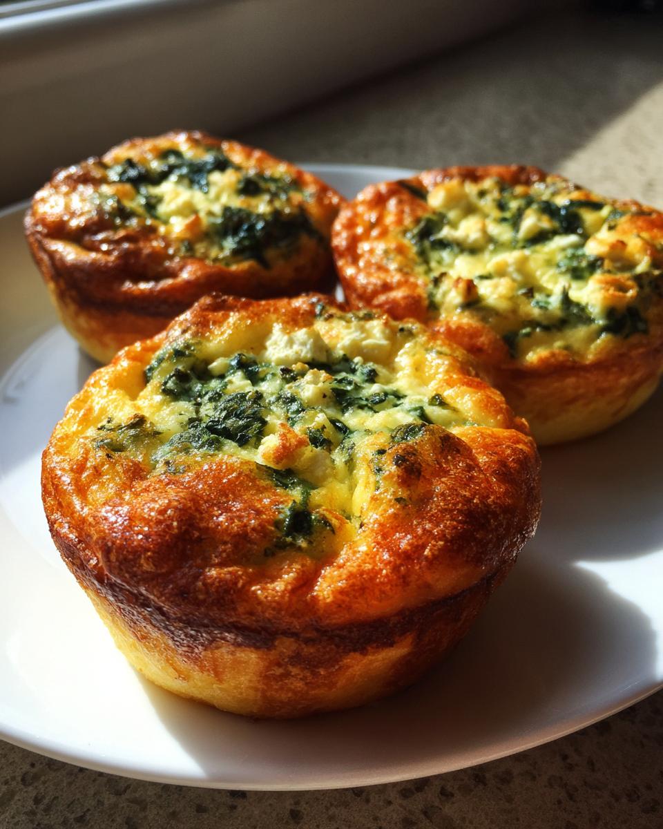 Three golden-brown Spinach and feta mini quiches with visible spinach and feta cheese topping, served on a white plate.