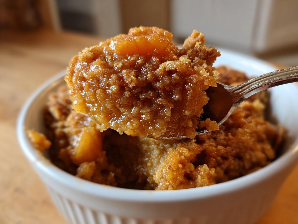 A close-up shot of a spoonful of warm, gooey Apple cinnamon crumble being lifted from a white ramekin.