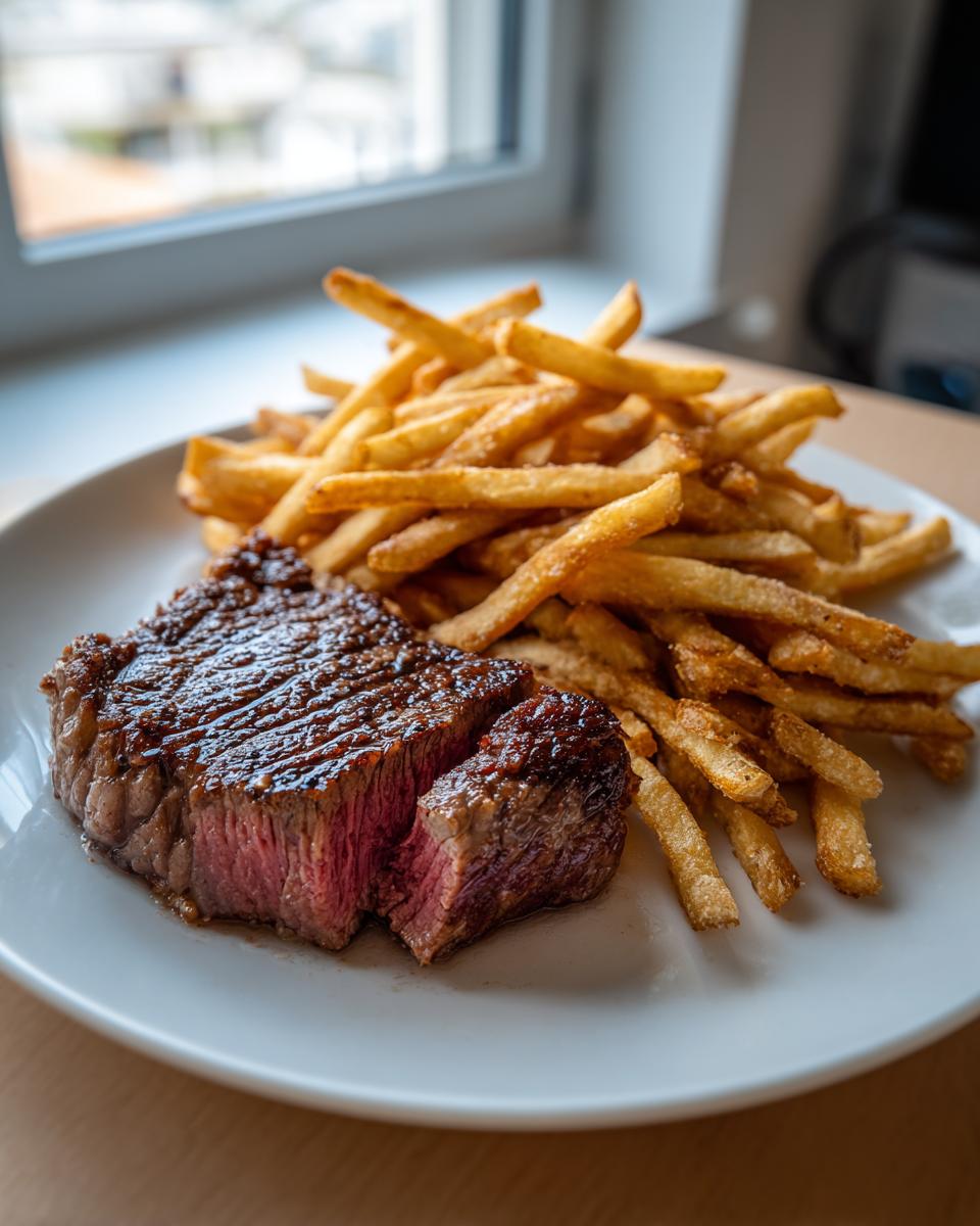 A perfectly cooked steak frites featuring a medium-rare steak sliced open next to a generous pile of golden french fries.