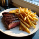 Close-up of perfectly seared and sliced Steak frites served with a generous portion of golden french fries on a white plate.