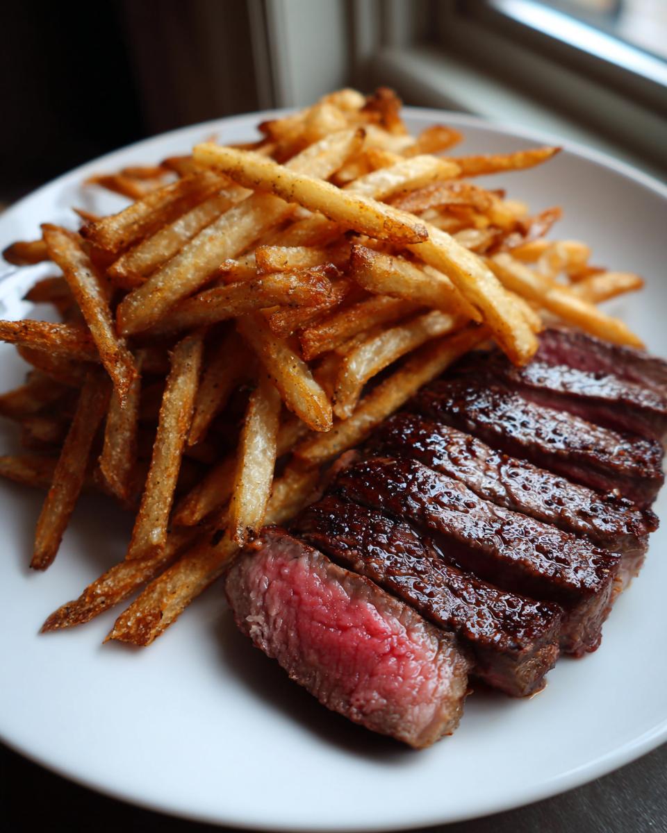 Close-up of perfectly seared and sliced steak frites served with a pile of golden, crispy french fries on a white plate.
