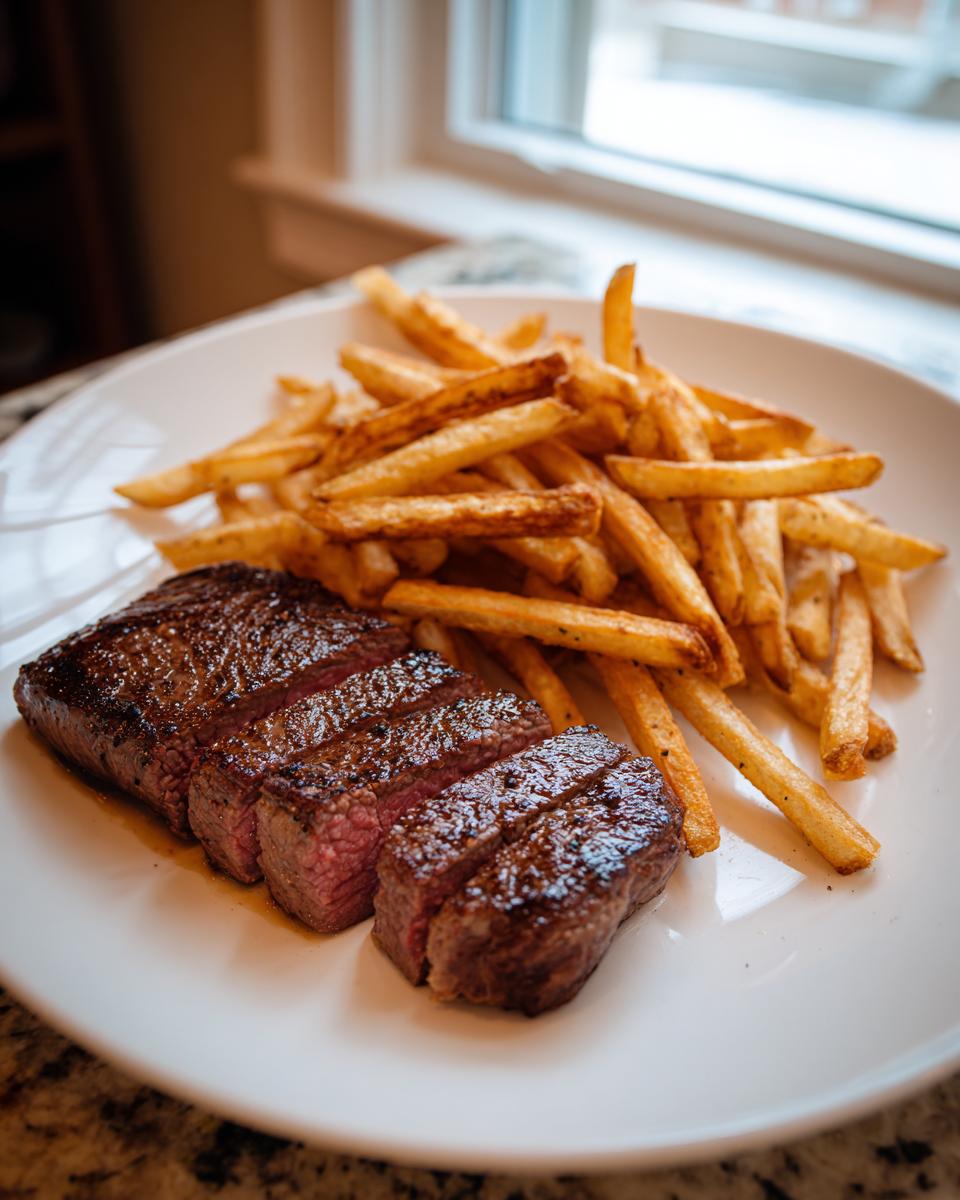 Close-up of sliced medium-rare steak next to a pile of golden french fries, the classic Steak frites.