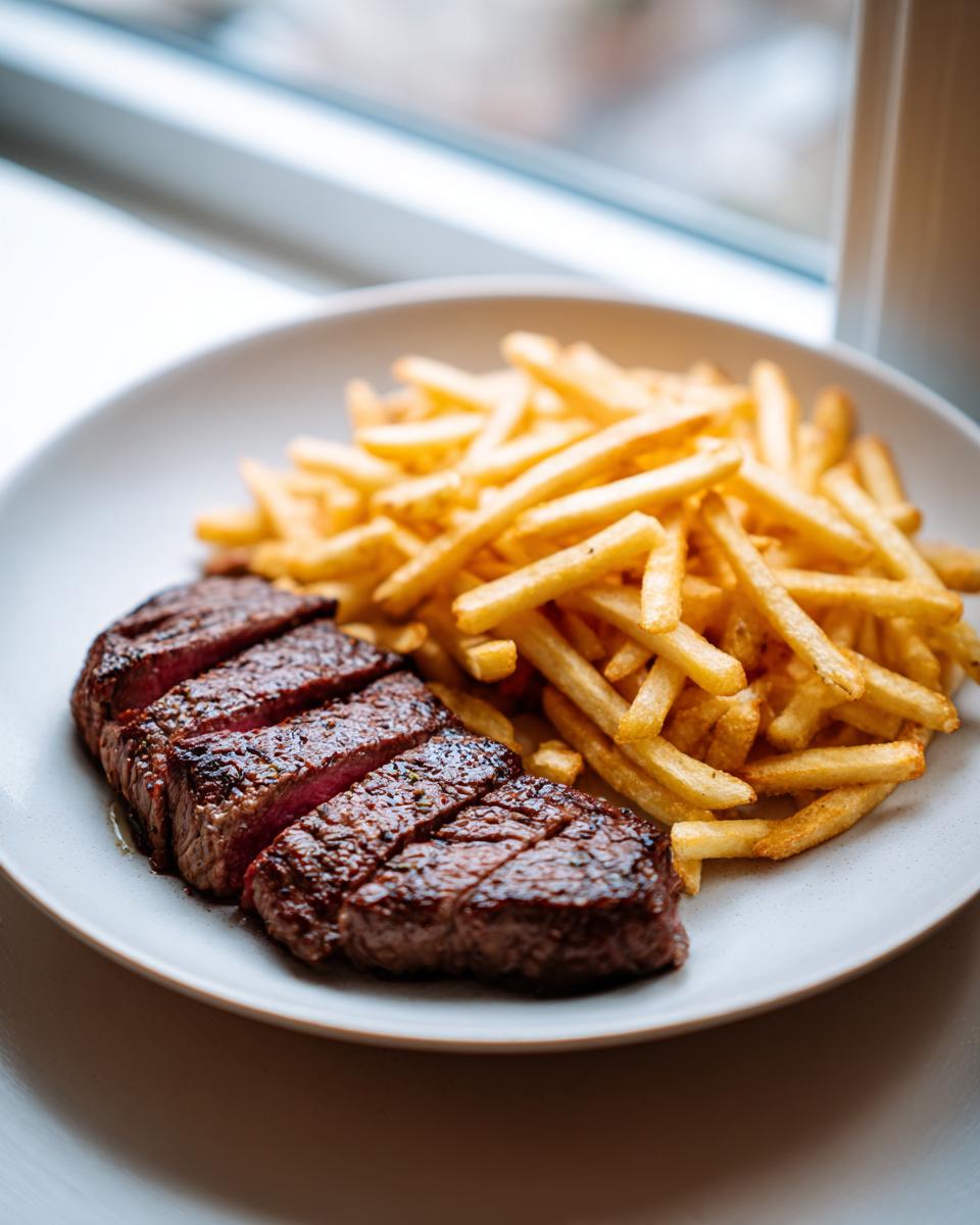 Close-up of perfectly sliced medium-rare steak frites served with a generous portion of golden french fries on a light plate.