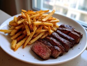 A plate featuring sliced steak cooked medium-rare next to a generous serving of golden french fries, classic Steak frites.