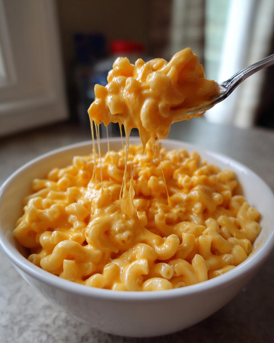 A fork lifting a spoonful of creamy, cheesy Stovetop mac and cheese, showing long cheese pulls.