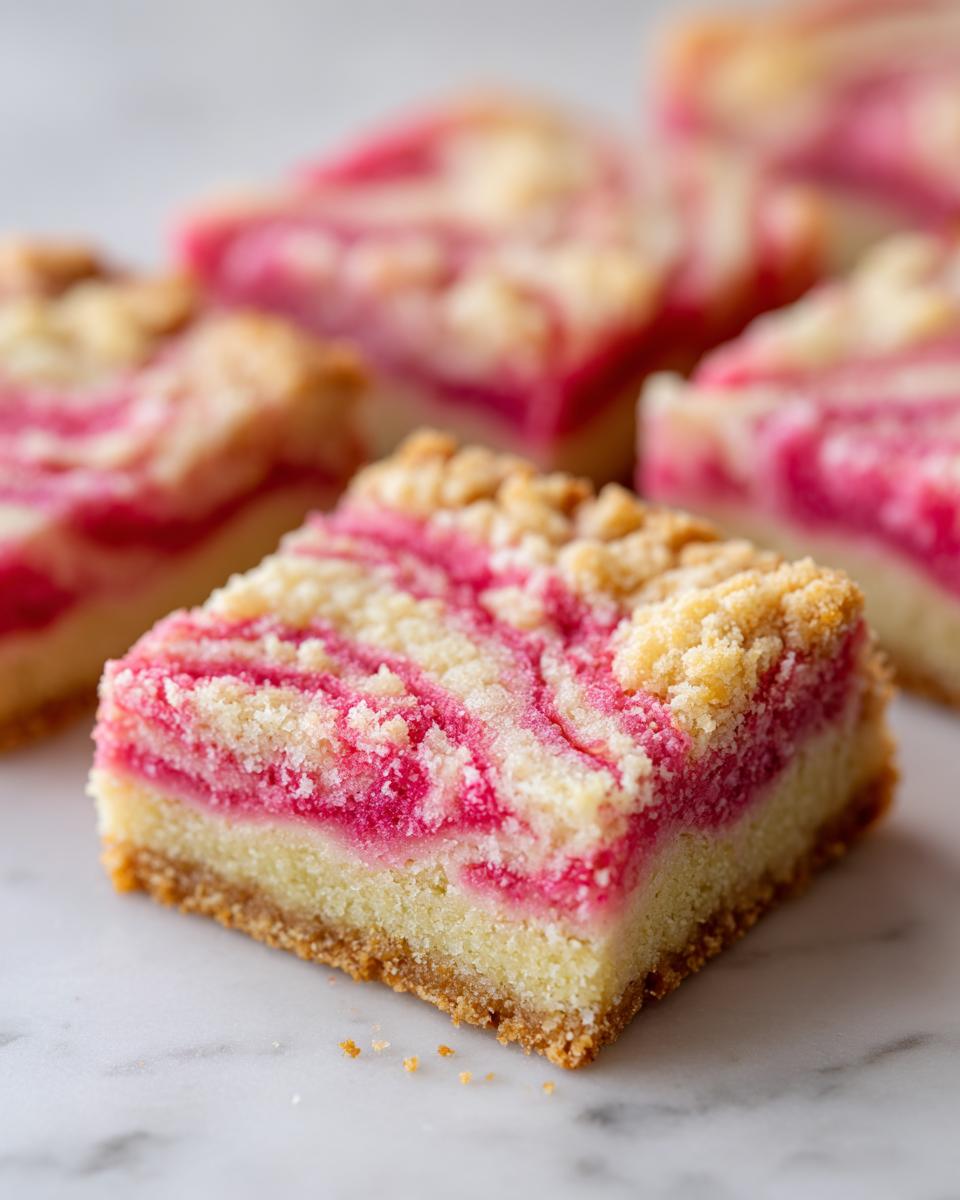A square piece of swirled rhubarb bars featuring a bright pink swirl over a light base, topped with a buttery crumble.