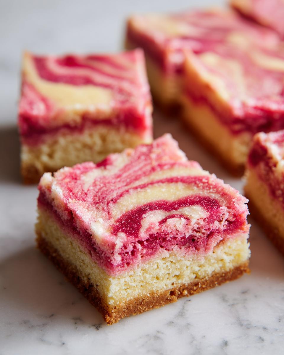 A close-up of a square piece of swirled rhubarb bars showing the bright pink swirl over the creamy filling and shortbread crust.
