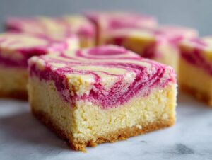A square piece of swirled rhubarb bars showing a thick, buttery base and a bright pink and yellow marbled topping.