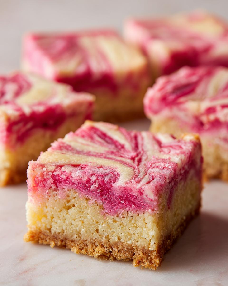 Close-up of a square portion of swirled rhubarb bars showing a golden crust and pink/white topping.