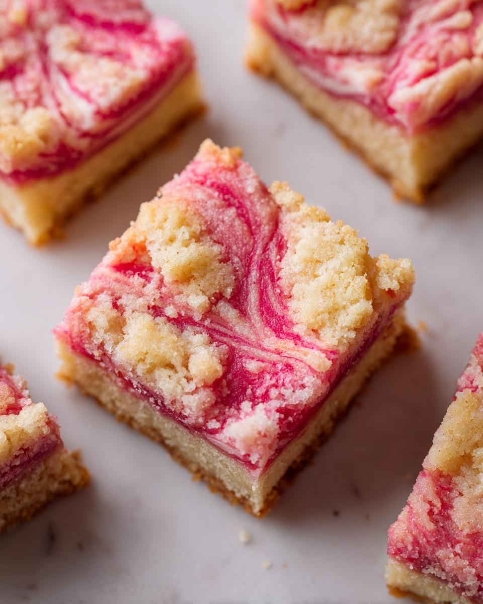 A square piece of Swirled rhubarb bars featuring a bright pink swirl pattern over a buttery base and crumb topping.