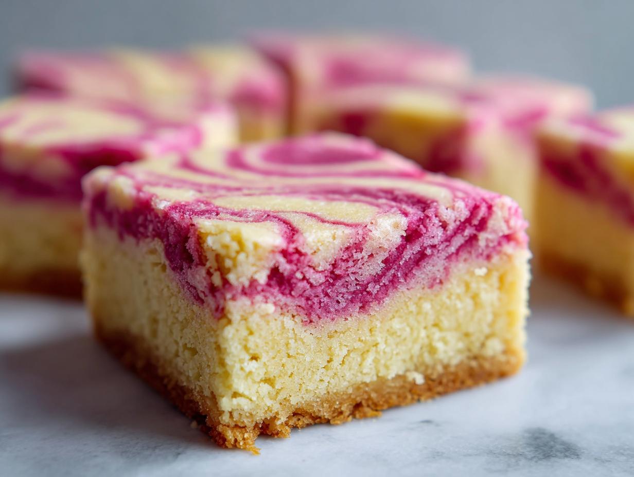 A square piece of swirled rhubarb bars showing a thick, buttery base and a bright pink and yellow marbled topping.