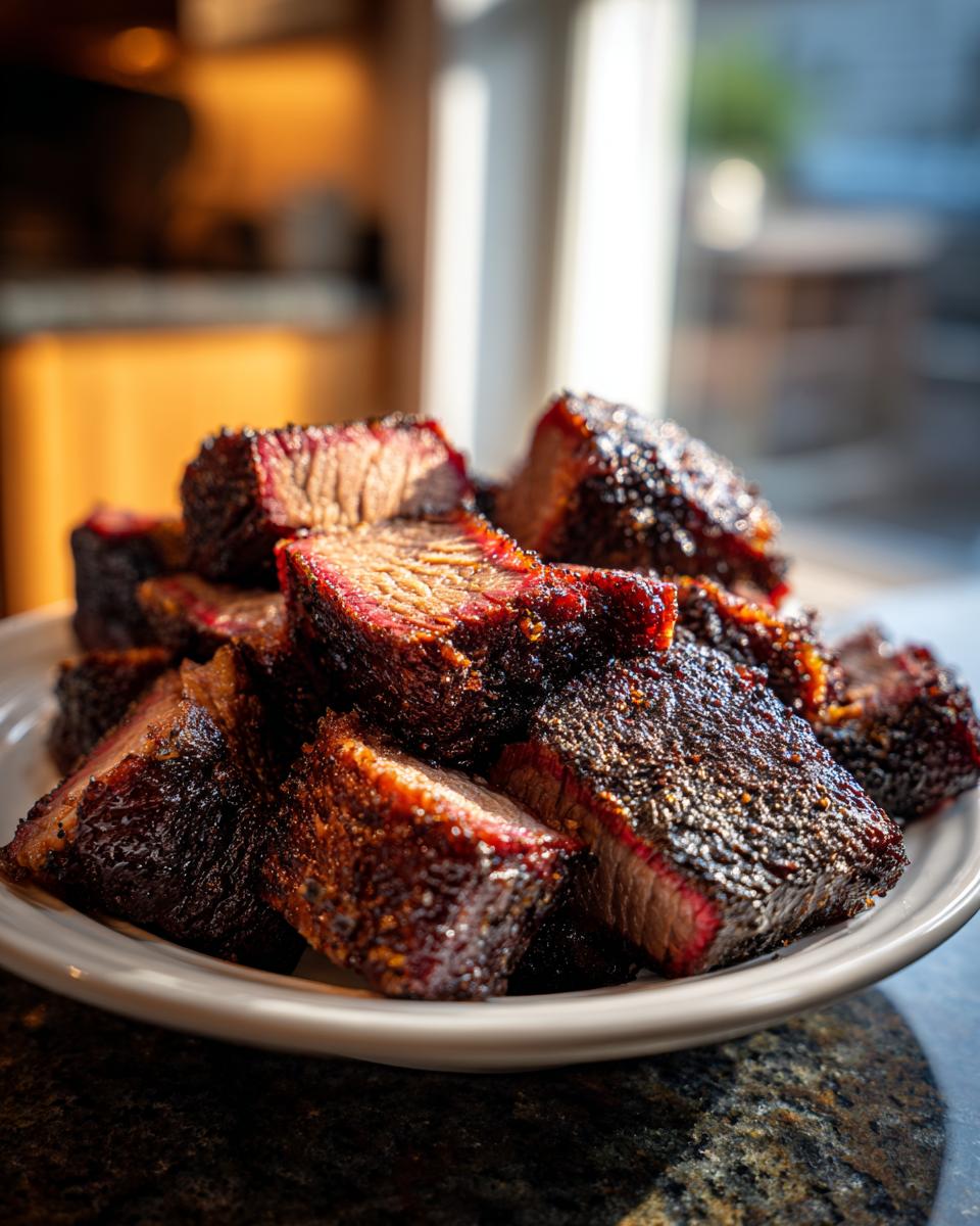 Close-up of cubed, bark-covered burnt ends from Texas smoked brisket piled on a white plate.