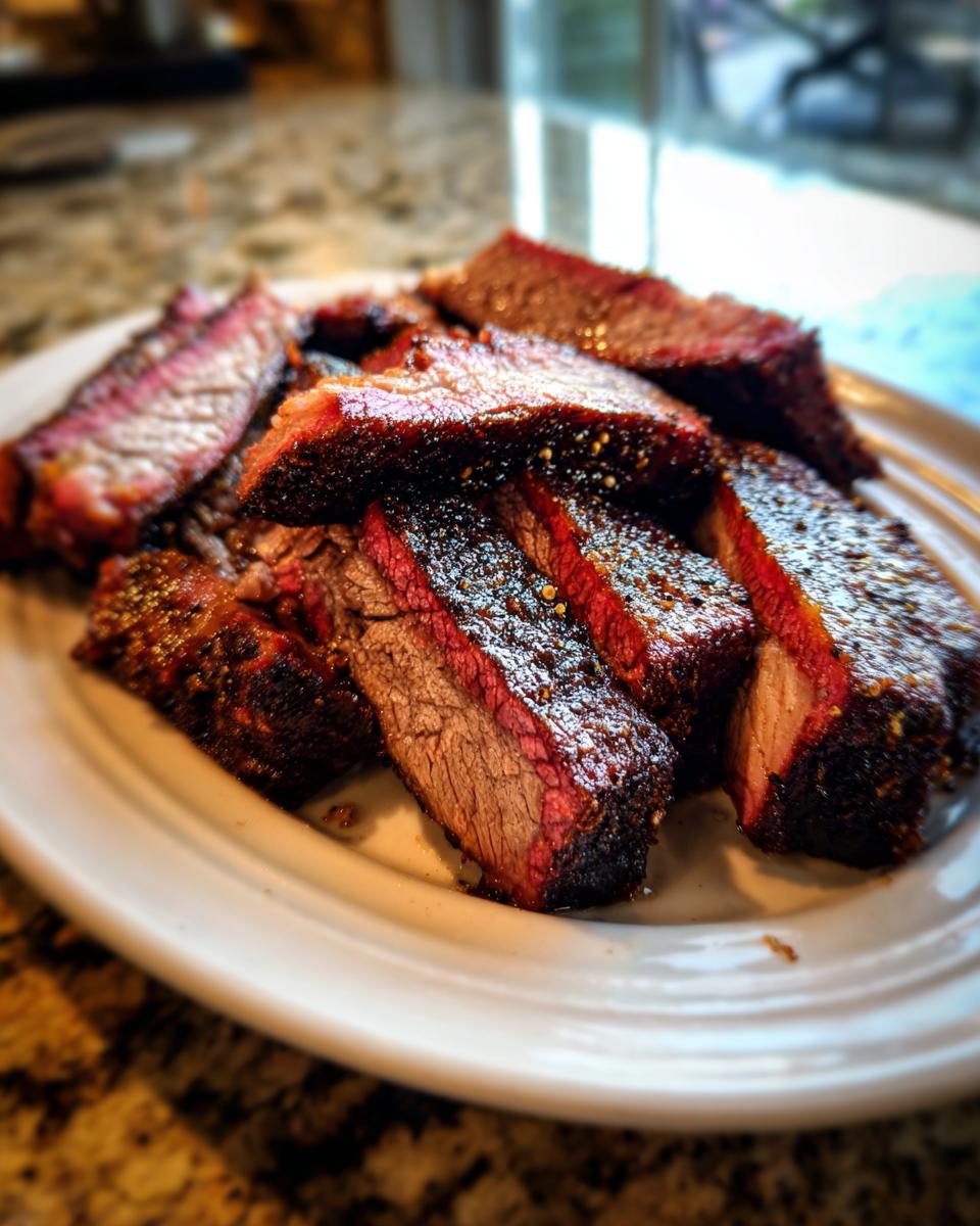 Close-up of thick slices of Texas smoked brisket showing a deep red smoke ring and dark bark.