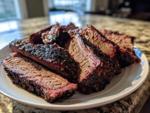 Slices of juicy Texas smoked brisket showing a dark bark and a prominent pink smoke ring, served on a white plate.