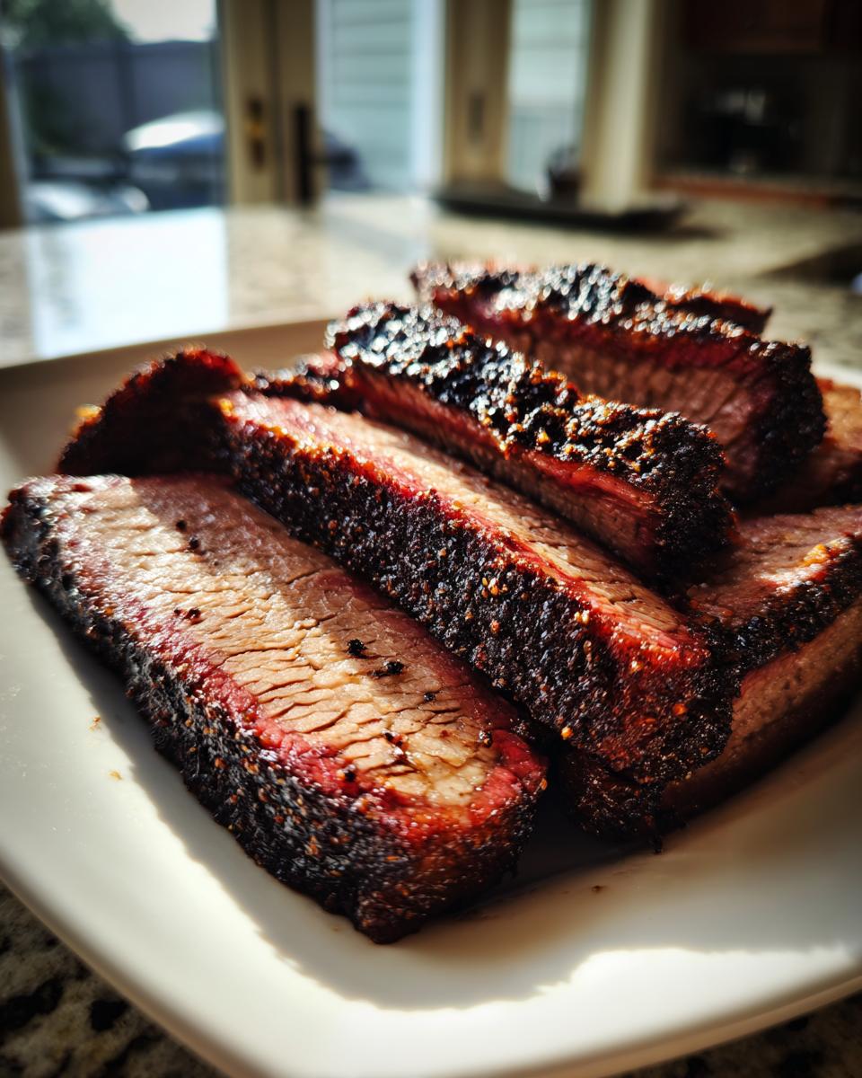 Close-up of thick slices of Texas smoked brisket showing a deep smoke ring and dark pepper crust.
