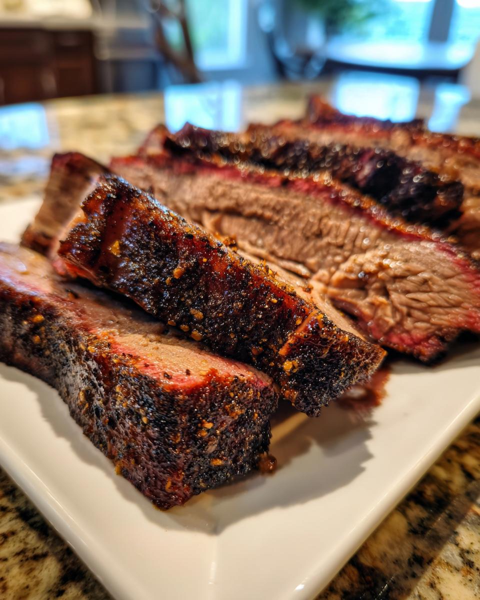 Close-up of thick slices of juicy Texas smoked brisket showing a dark bark and pink smoke ring.