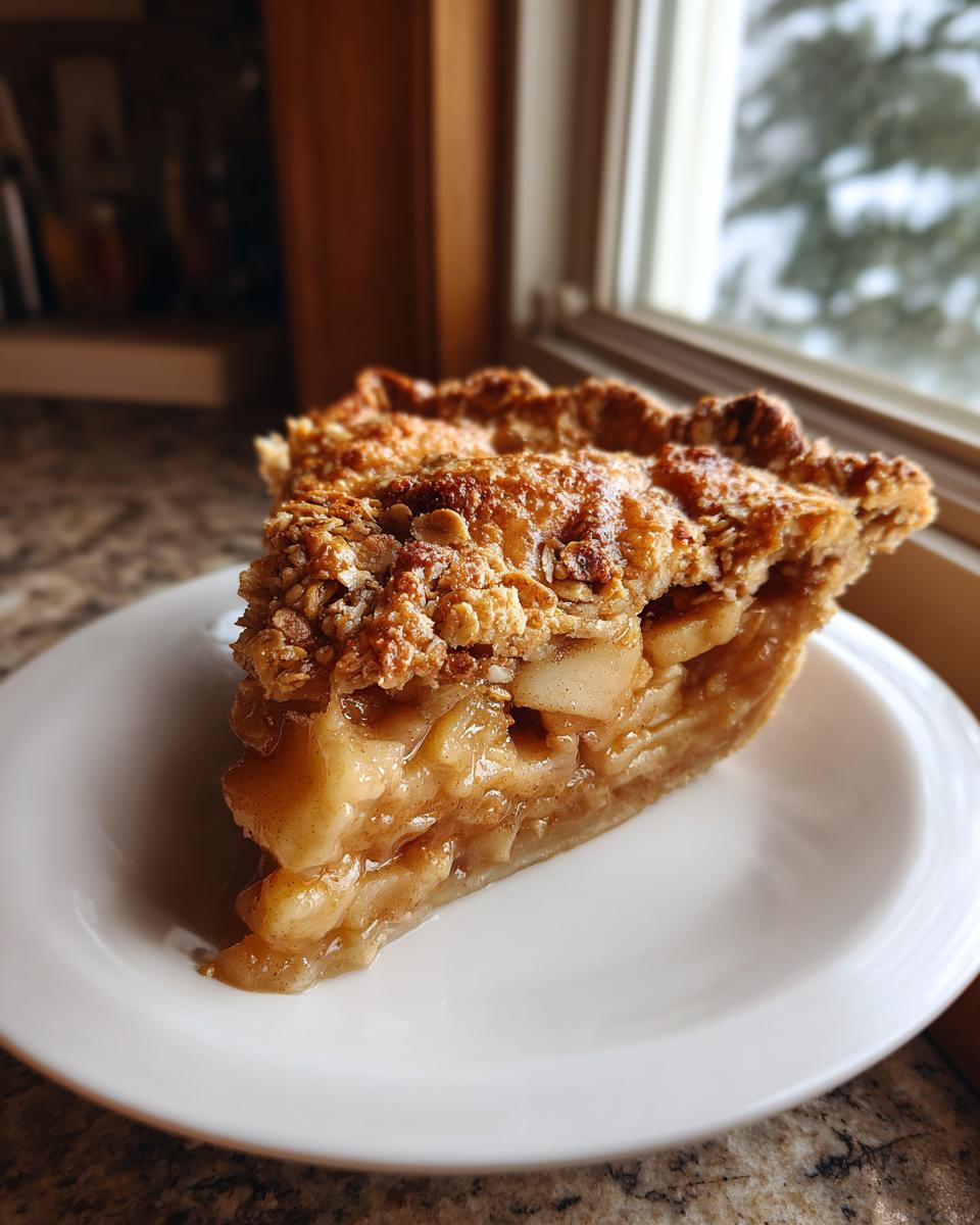 A close-up of a thick slice of Traditional Dutch apple pie with a golden crumble topping, served on a white plate.