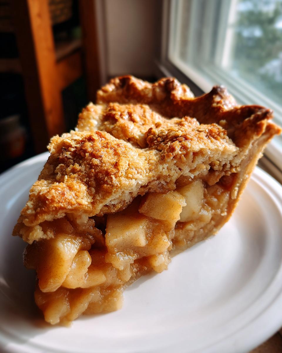 A close-up of a thick slice of Traditional Dutch apple pie showing chunky cinnamon apples and a golden crumb topping.