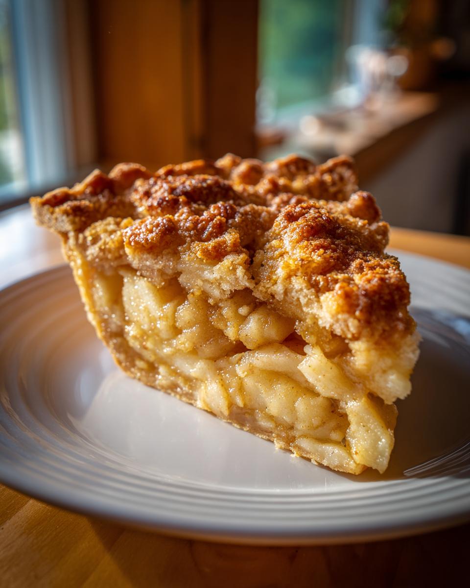 A close-up of a thick slice of Traditional Dutch apple pie featuring a rich apple filling and a golden, crumbly streusel topping.