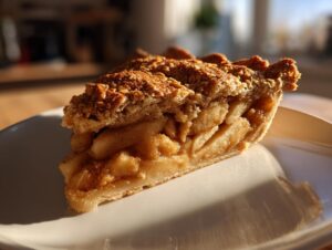 Close-up of a slice of Traditional Dutch apple pie showing thick apple filling and a golden crumble topping, resting on a white plate.