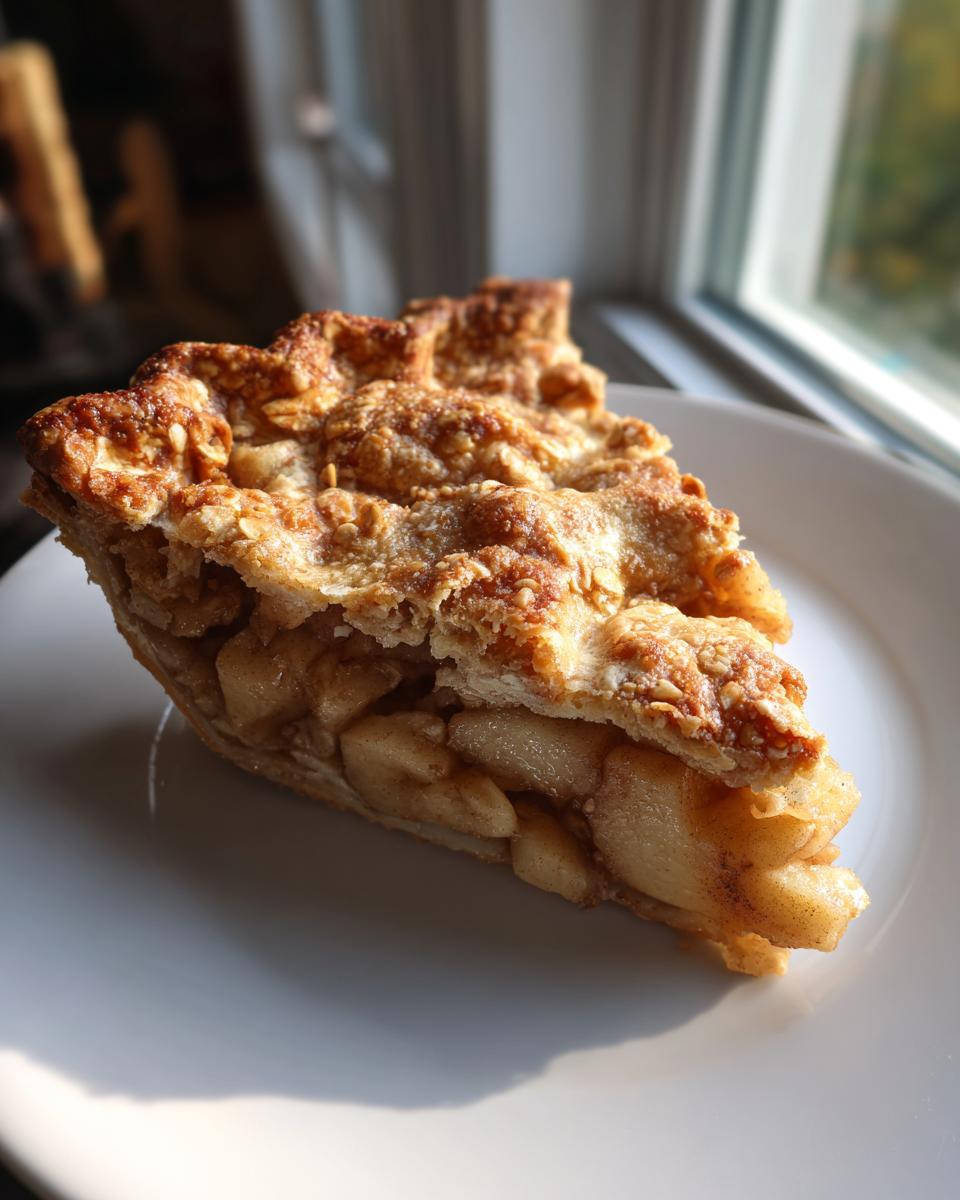 A close-up of one slice of Traditional Dutch apple pie showing thick apple filling and a golden, crumbly top crust.