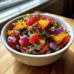 Close-up of a white bowl filled with colorful Pickle de Gallo, featuring diced pickles, red onion, and cilantro.