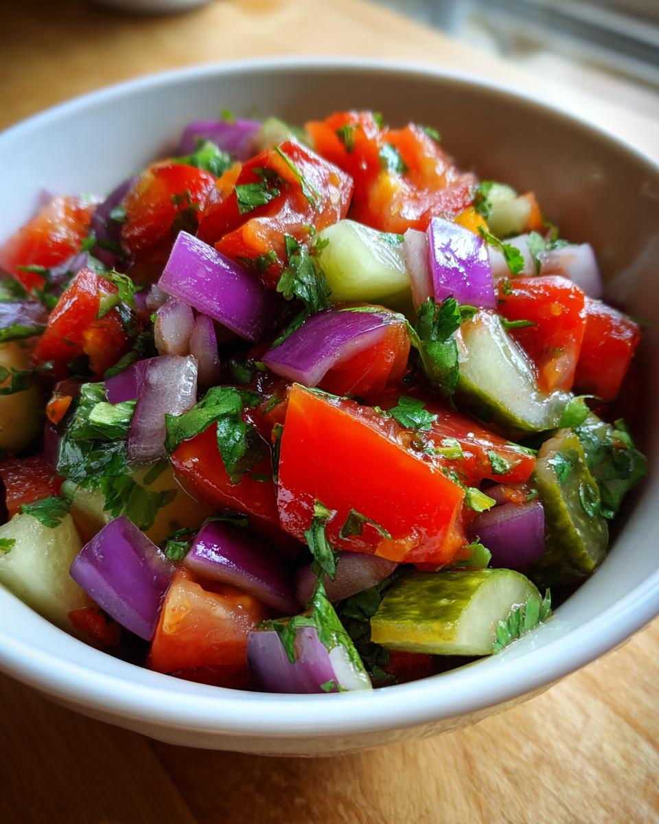 Close-up of a white bowl filled with colorful Pickle de Gallo, featuring diced tomatoes, red onion, cucumbers, and herbs.