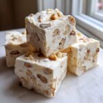 Close-up of four thick, creamy cubes of White Chocolate Macadamia Nut Fudge loaded with nuts, stacked on a white surface.