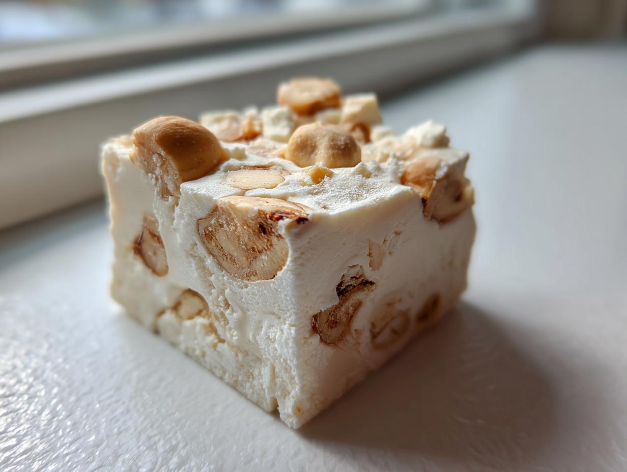 A single, thick square piece of creamy White Chocolate Macadamia Nut Fudge studded with whole and halved macadamia nuts.