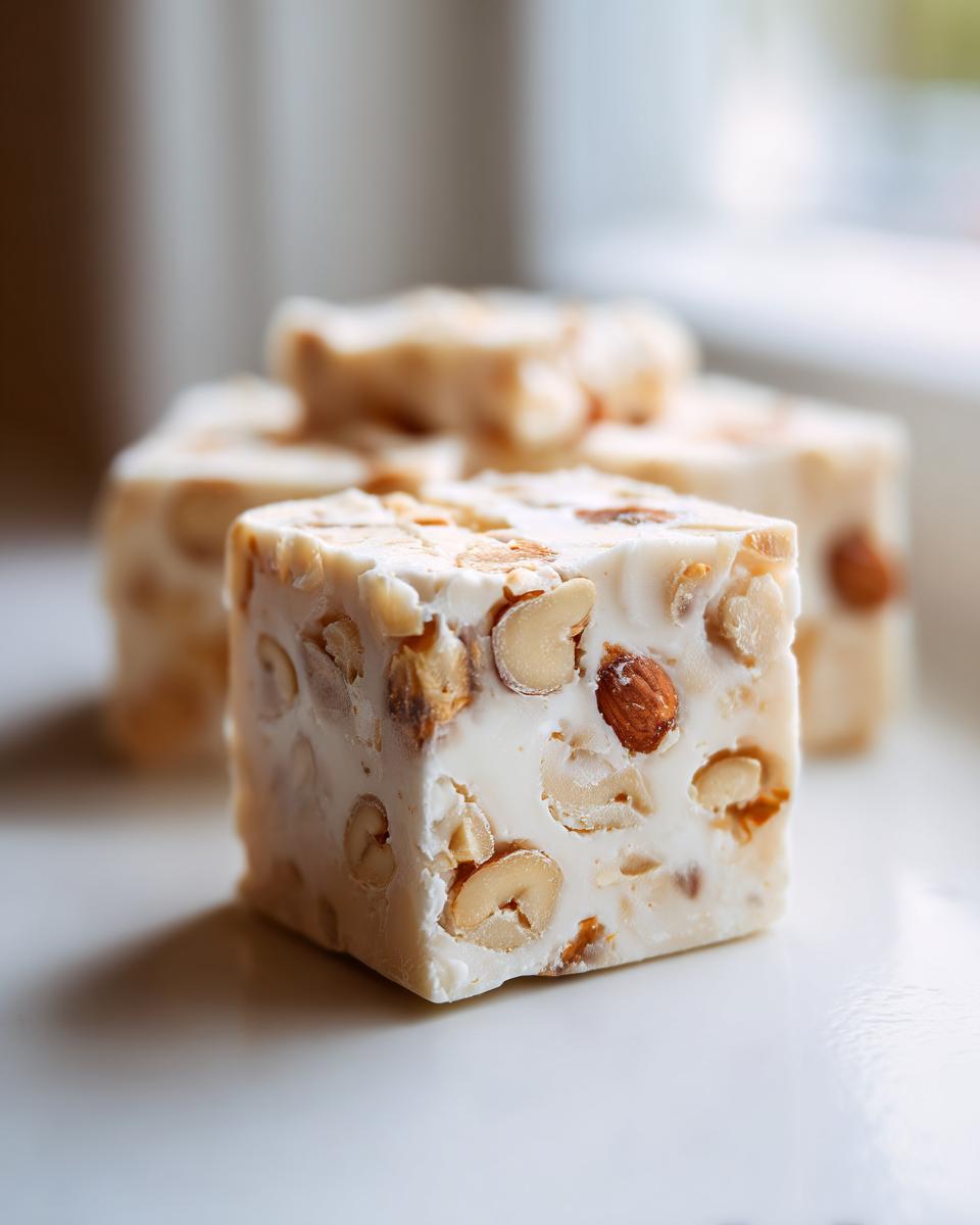 A close-up of a perfectly cut square of White Chocolate Macadamia Nut Fudge packed with nuts.