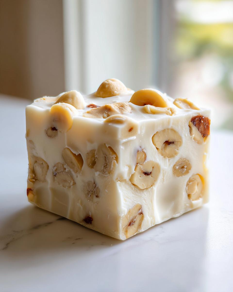 A close-up, single square piece of rich White Chocolate Macadamia Nut Fudge loaded with nuts.