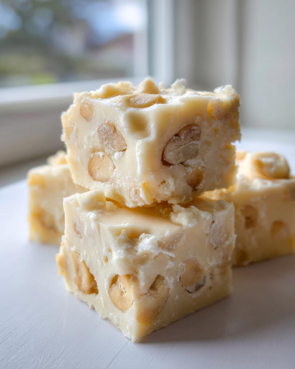 Close-up of rich, creamy White Chocolate Macadamia Nut Fudge squares stacked on a white surface.