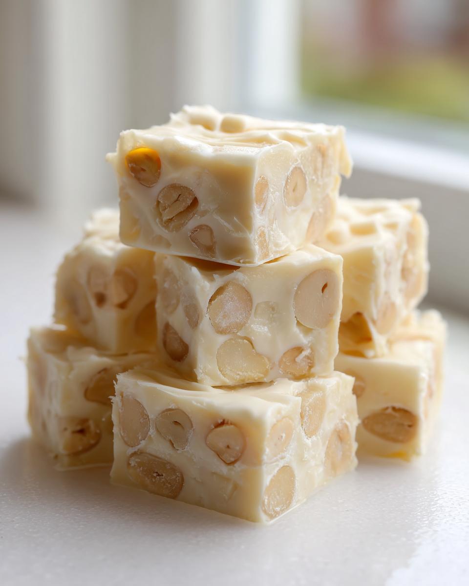 A close-up stack of creamy White Chocolate Macadamia Nut Fudge squares studded with whole macadamia nuts.